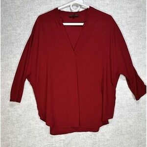 Glam Maroon Dolman Sleeve Semi Sheer Blouse Women’s Size Small V Neck Hi Lo Hem